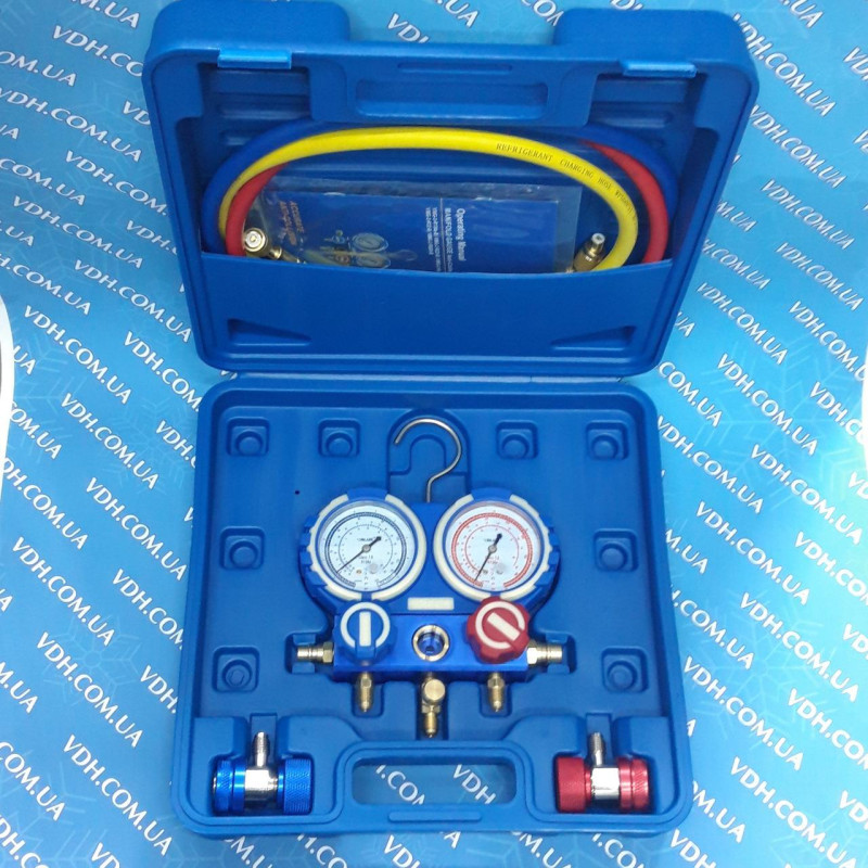 Манометр. (чемодан) коллектор    двухвентельный  VALUE  VMG-2-R134-В шланги 90 см + 2 автомуфты(  R134(чемодан)+