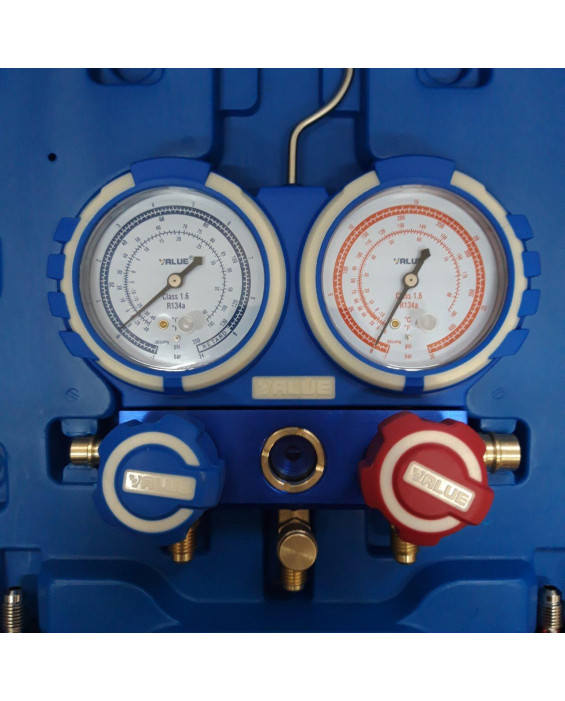 Pressure gauge. (suitcase) two-valve manifold VALUE VMG-2-R134-B hoses 90 cm + 2 auto couplings ( R134 (suitcase) +