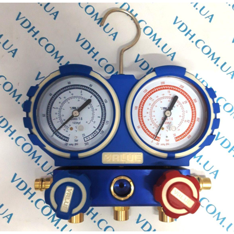 Манометр. (чемодан) коллектор    двухвентельный  VALUE  VMG -2 R1234YF - шланги 90 см +2муфты (  R1234(чемодан)