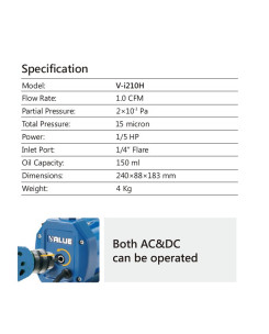 Vacuum pump VALUE mini VI-210H (2x stages 42 l/min AC/DC adjustable) 15 microns