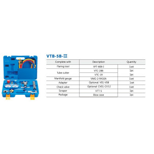 Набор для обработки труб  VALUE  VTB-5B-111( 2 трубореза28В и 19, вальцовка808 I,  ример ,коллетор R410A,R407C,R22,R134A, шлангис кранами ,2 переходника ) Чемодан 