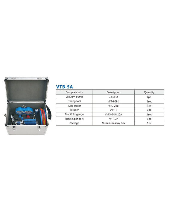 Набір VALUE VTB-5А (Вакуумний насос VI 215 SM, 1 труборіза 28 В, вальцювання 808-I, колетор R410A, R407C, R22, R134A, шланги, риммер, ручне розвальцювання) ящик