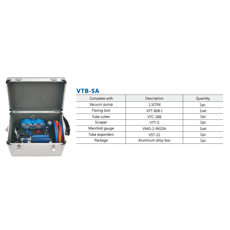Набор VALUE VTB-5А  (Вакуумный насос VI 215 S-M,  1 трубореза 28 В, вальцовка 808-I, коллетор   R410A,R407C,R22,R134A, шланги,риммер,ручная развальцовка) ящик 