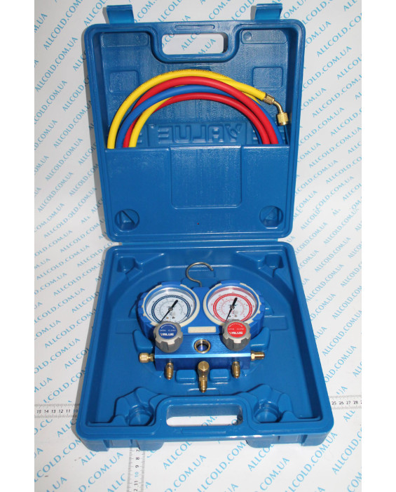 Pressure gauge. (suitcase) 80 mm two-valve manifold VALUE VMG -2 R32 hose 1.5 m (5/16) (New for R32 freon)